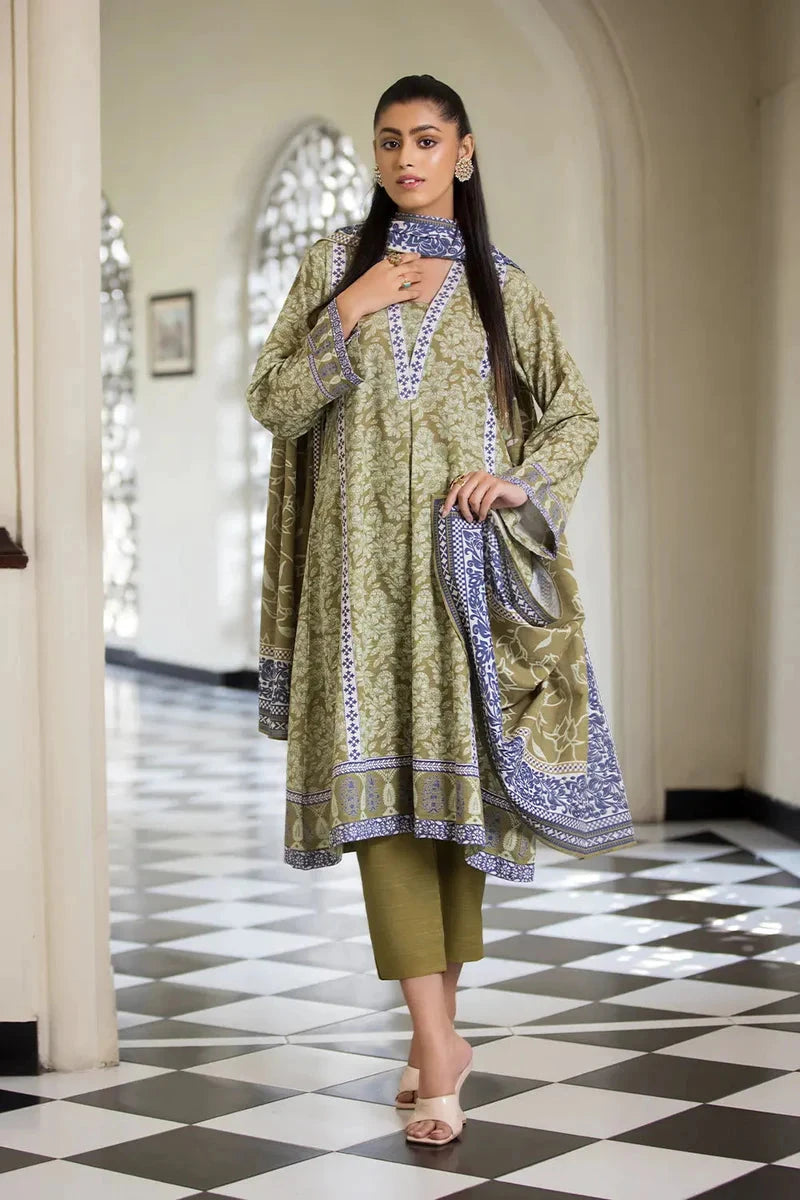 Printed Linen Lemon Green Stitched Suit - Khas