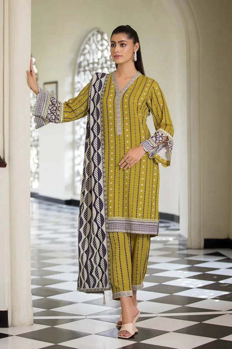 Printed Linen Brass Stitched Suit - Khas