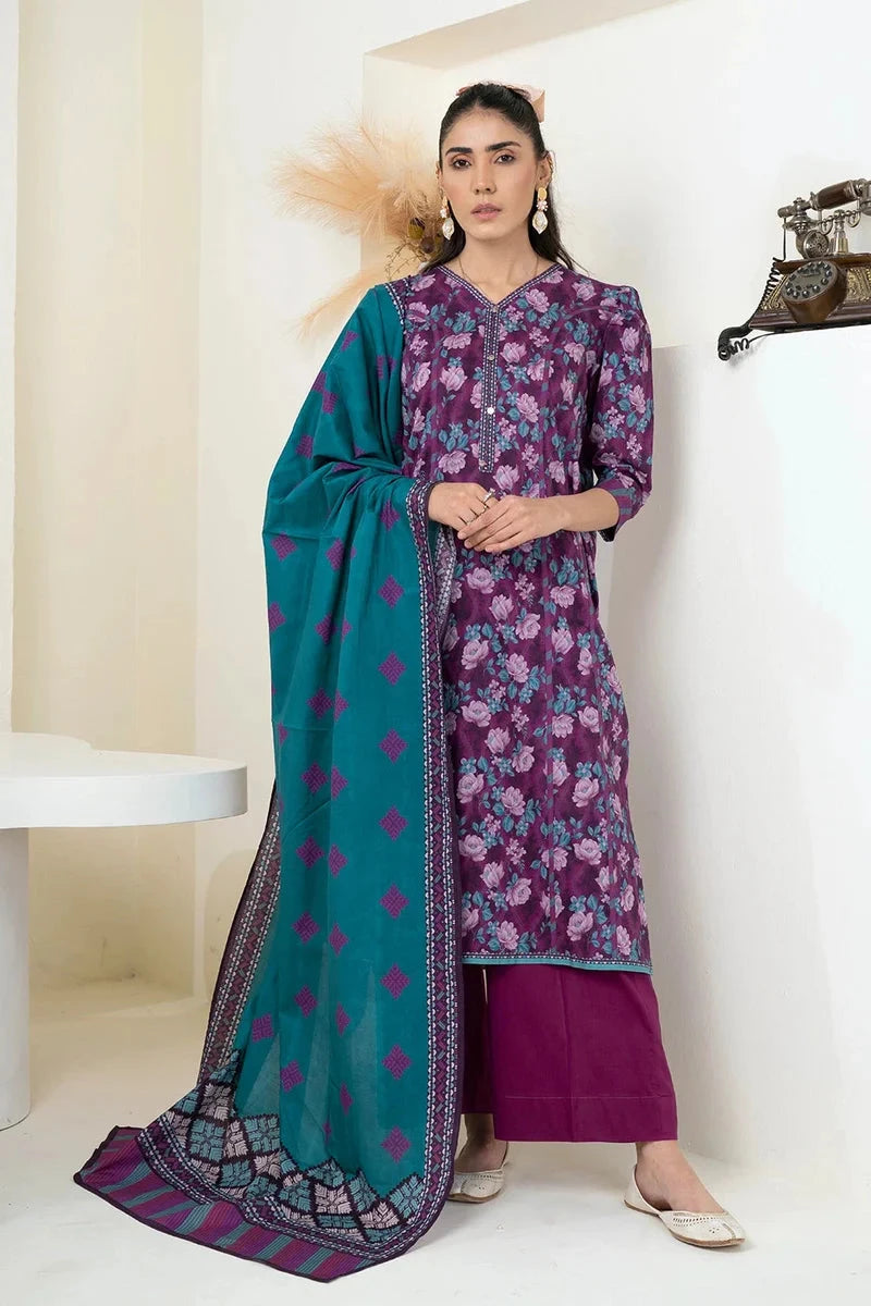 Printed Linen Purple Stitched Suit - Khas