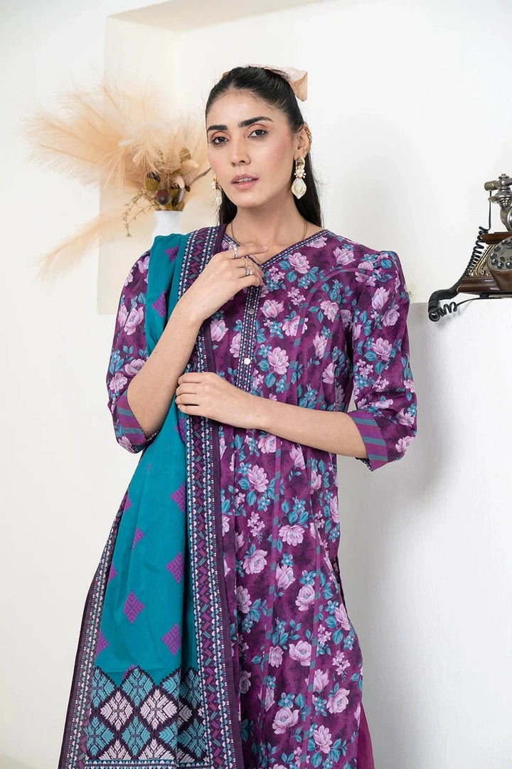 Printed Linen Purple Stitched Suit - Khas