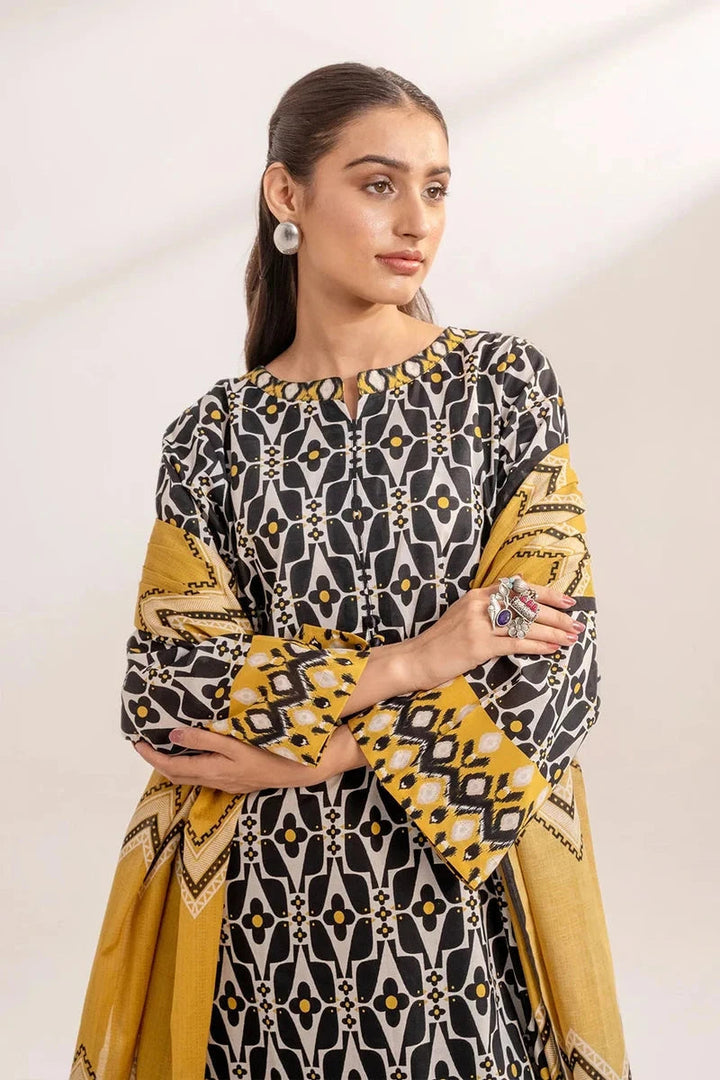Printed Linen Black Stitched Suit - Khas