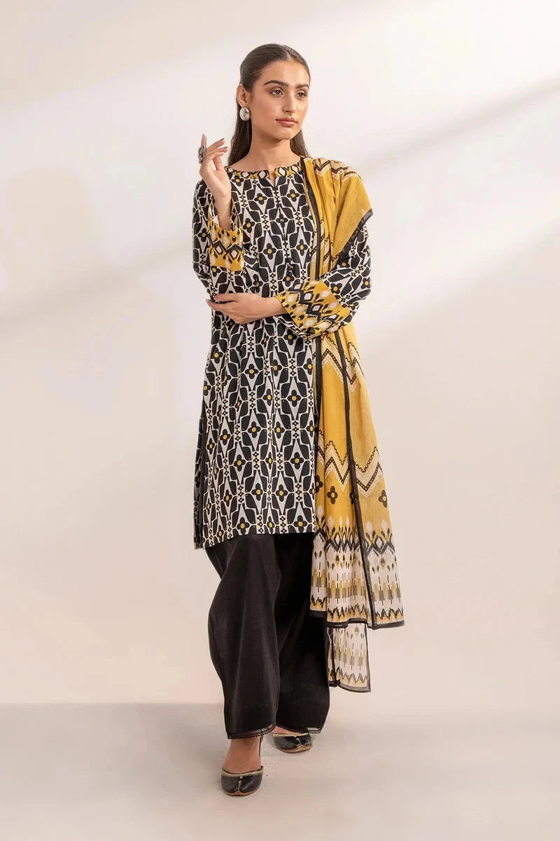 Printed Linen Black Stitched Suit - Khas