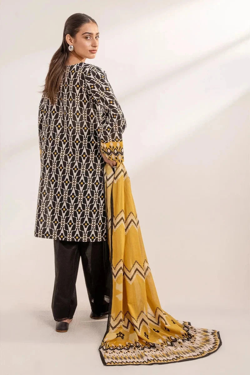 Printed Linen Black Stitched Suit - Khas