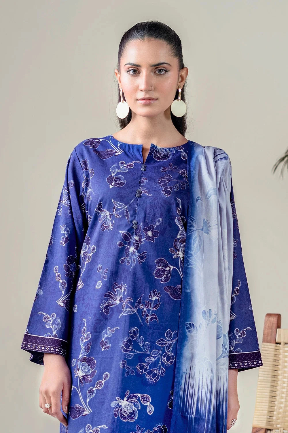 Printed Lawn Denim Blue Stitched Suit - Khas