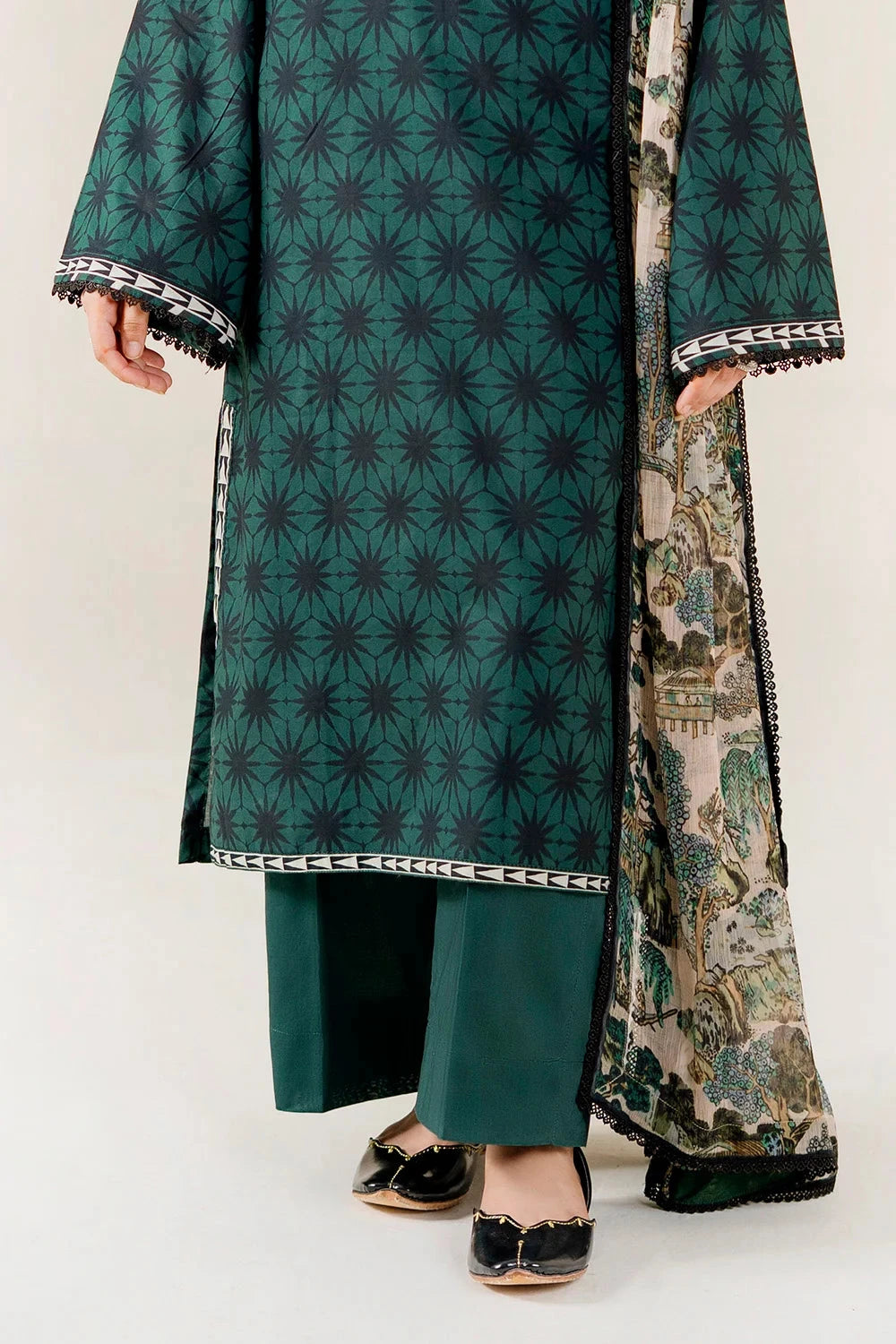 Printed Lawn Dark Green Stitched Suit - Khas
