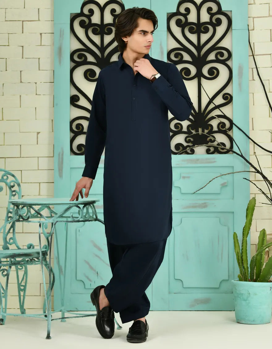 Blended Navy Blue Shalwar Kameez - J. Junaid Jamshed