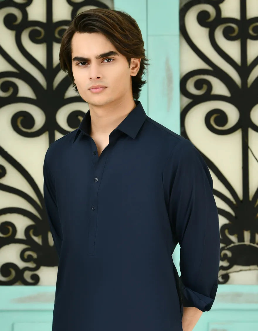 Blended Navy Blue Shalwar Kameez - J. Junaid Jamshed