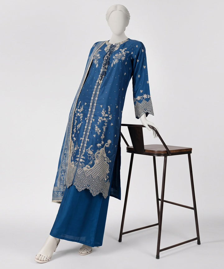 Raw Silk Royal Blue Stitched Suit - J. Junaid Jamshed
