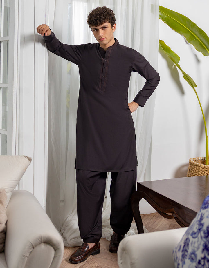 Blended Deep Brown Kurta Trouser - J. Junaid Jamshed