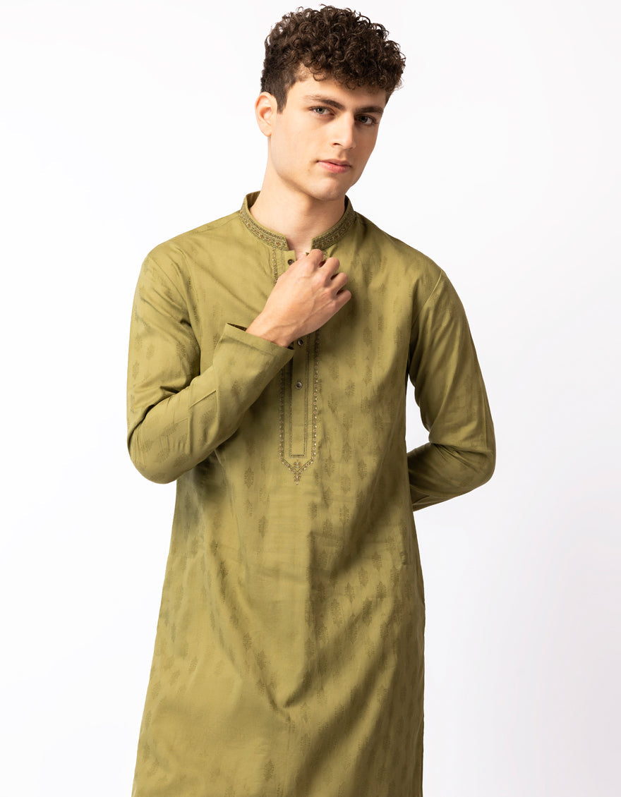 Cotton Mehndi Green Kurta - J. Junaid Jamshed