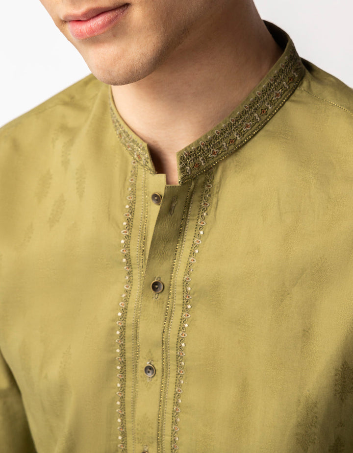Cotton Mehndi Green Kurta - J. Junaid Jamshed