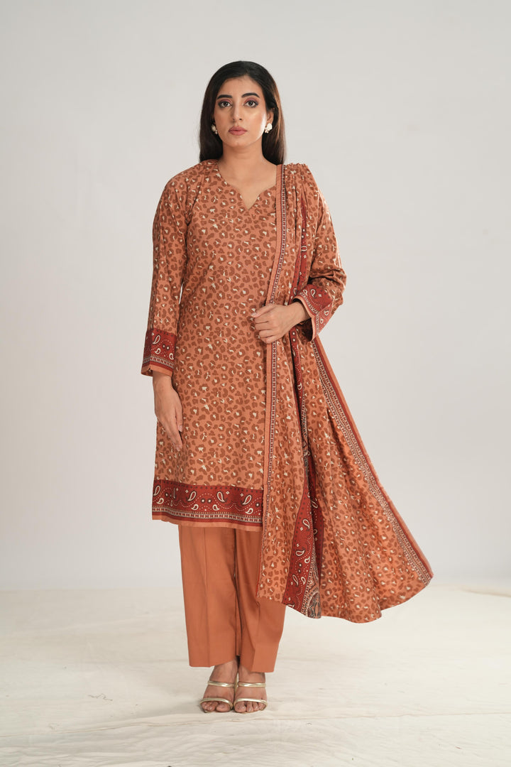 Linen Brown Stitched Suit - Nishat