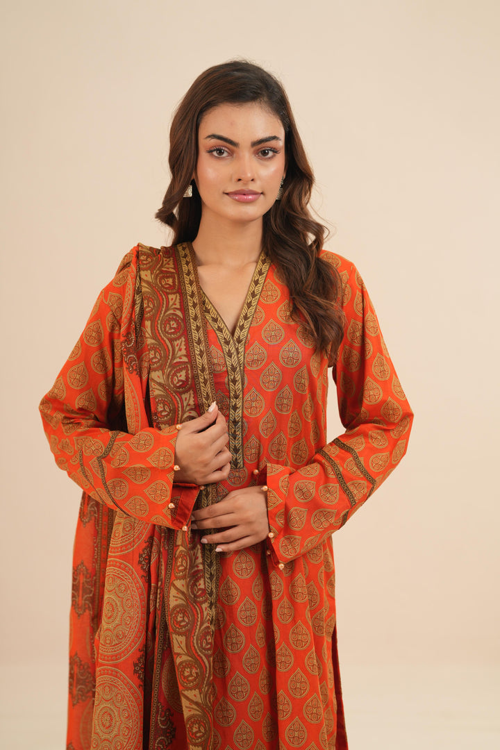 Viscose Lawn Orange Stitched Suit - Nishat