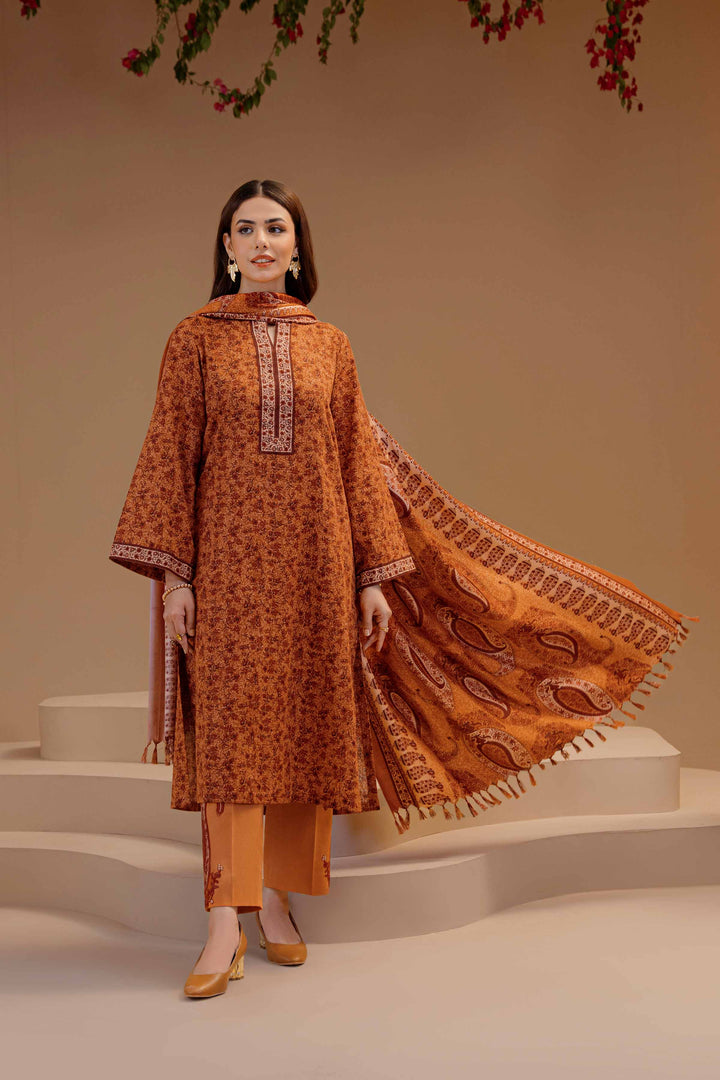 Embroidered Khaddar Orange Stitched Suit - Nishat