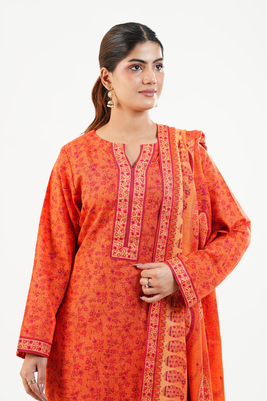 Embroidered Khaddar Orange Stitched Suit - Nishat