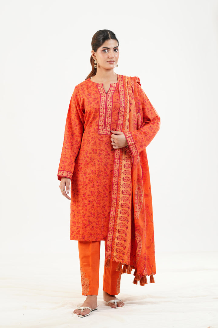 Embroidered Khaddar Orange Stitched Suit - Nishat