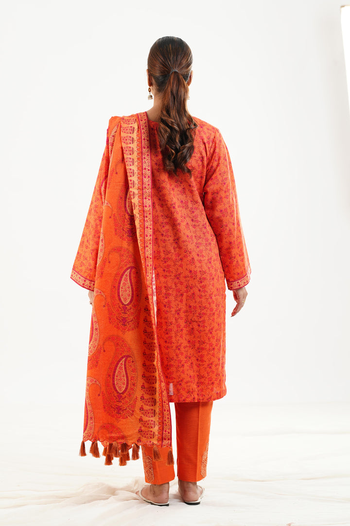 Embroidered Khaddar Orange Stitched Suit - Nishat