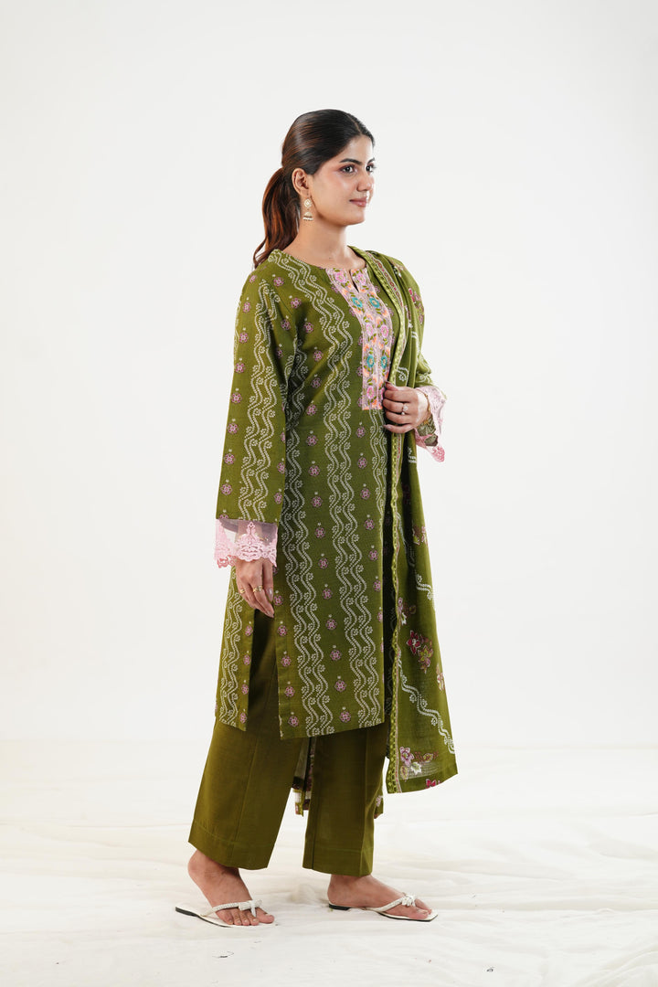 Embroidered Khaddar Dull Green Stitched Suit - Nishat