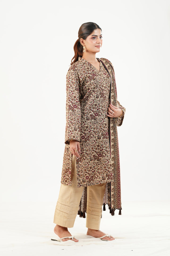 Printed Khaddar Off White Stitched Suit - Nishat