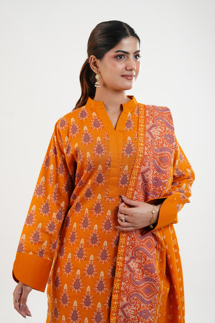Printed Khaddar Orange Stitched Suit - Nishat