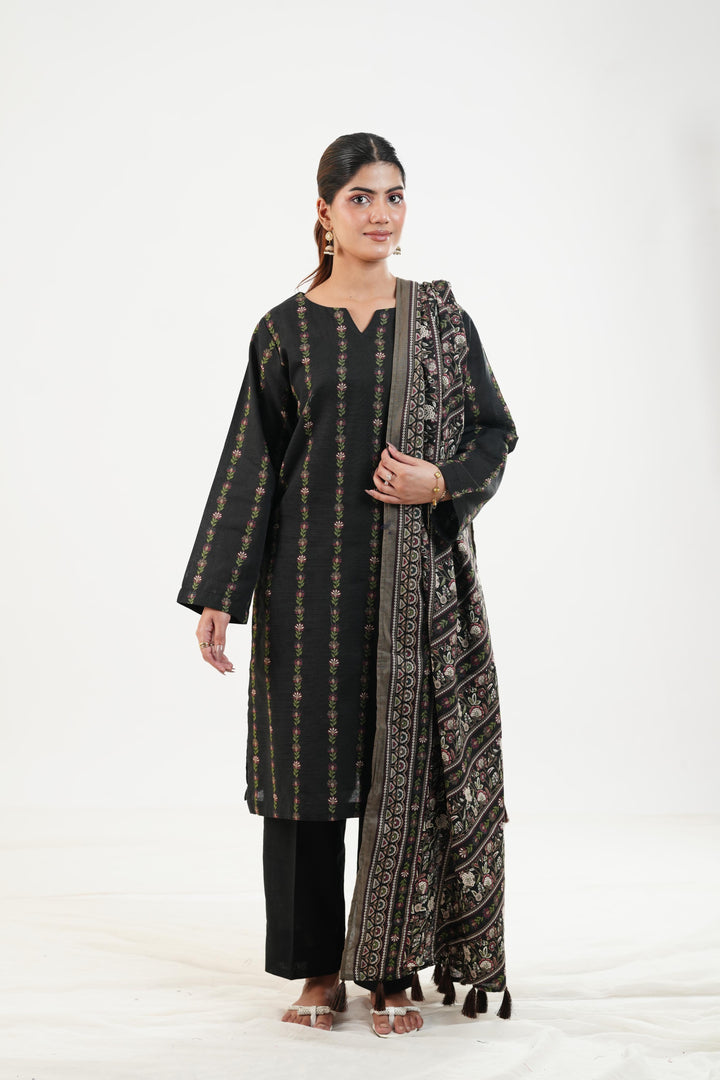 Printed Linen Black Stitched Suit - Nishat