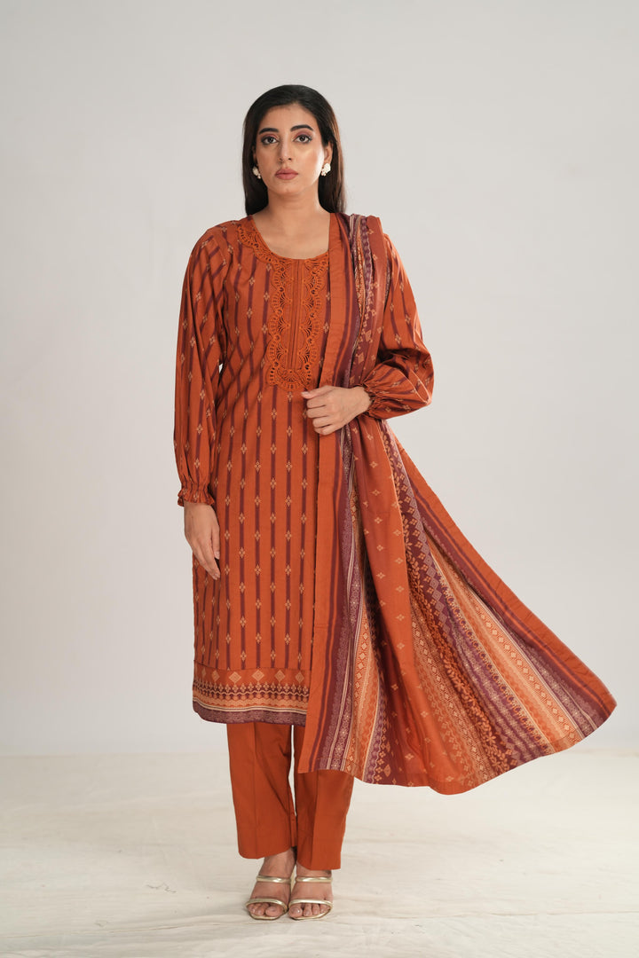 Linen Brown Stitched Suit - Nishat