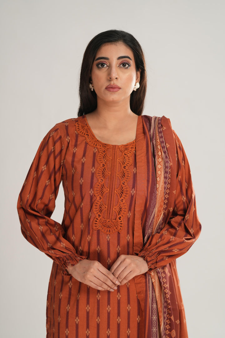 Linen Brown Stitched Suit - Nishat