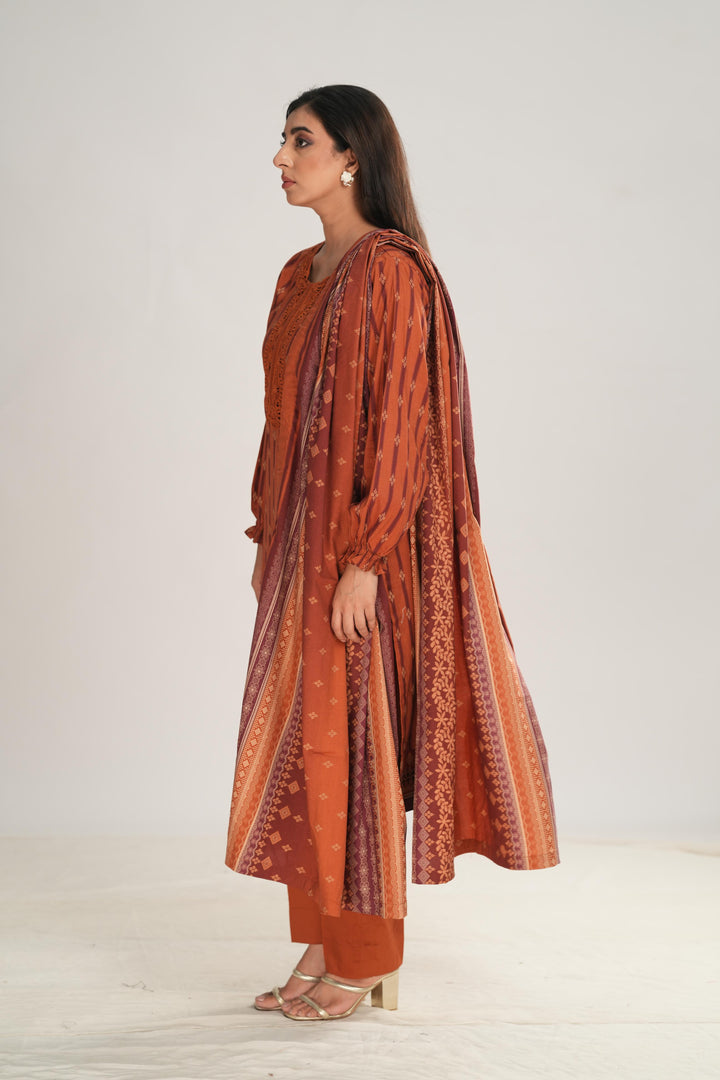 Linen Brown Stitched Suit - Nishat