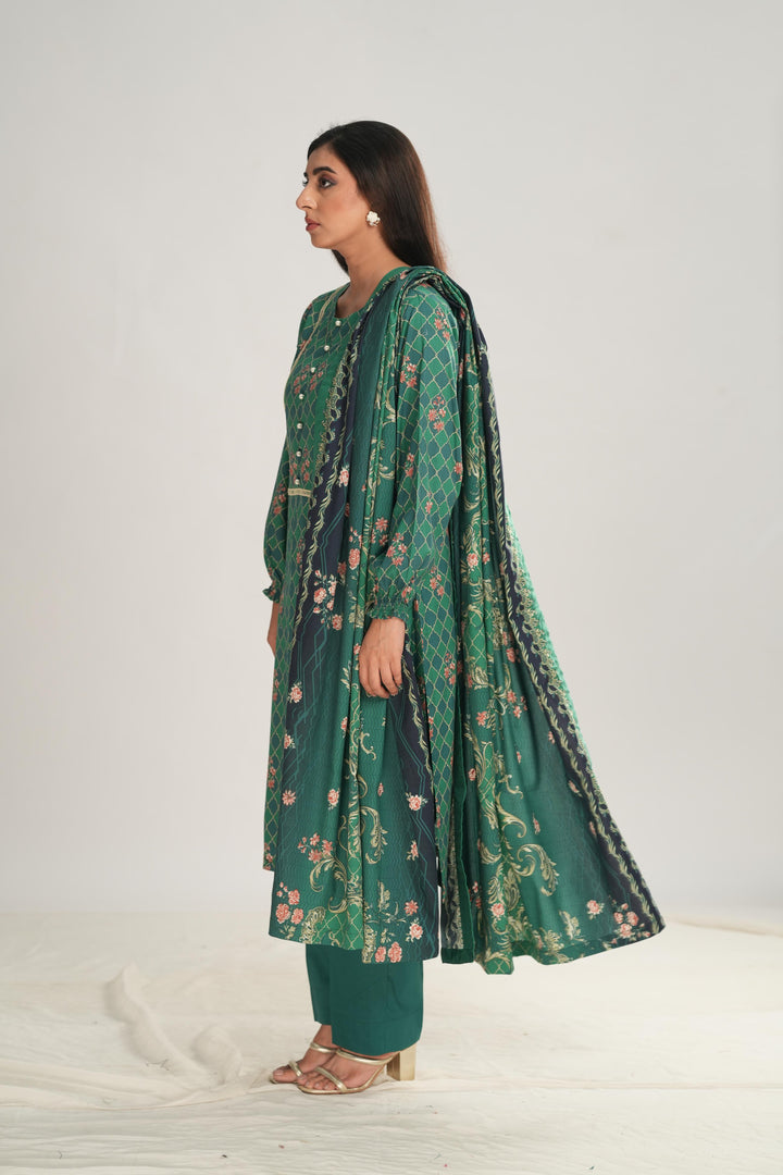 Linen Teal Green Stitched Suit - Nishat