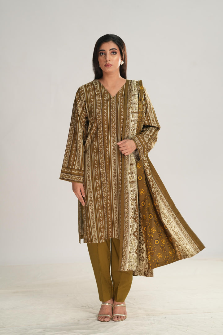 Linen Green Stitched Suit - Nishat