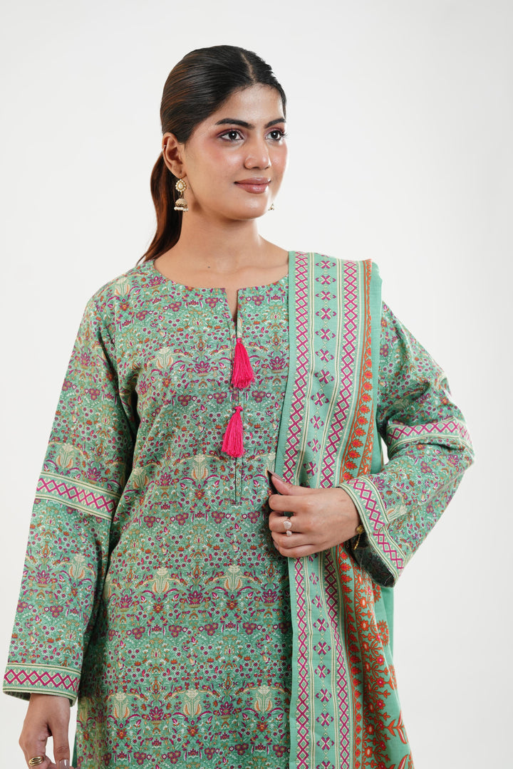 Printed Linen Sea Green Stitched Suit - Nishat