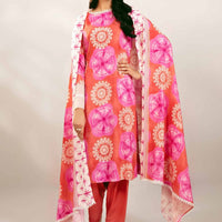 Printed Linen Pink & Orange Stitched Suit - Nishat