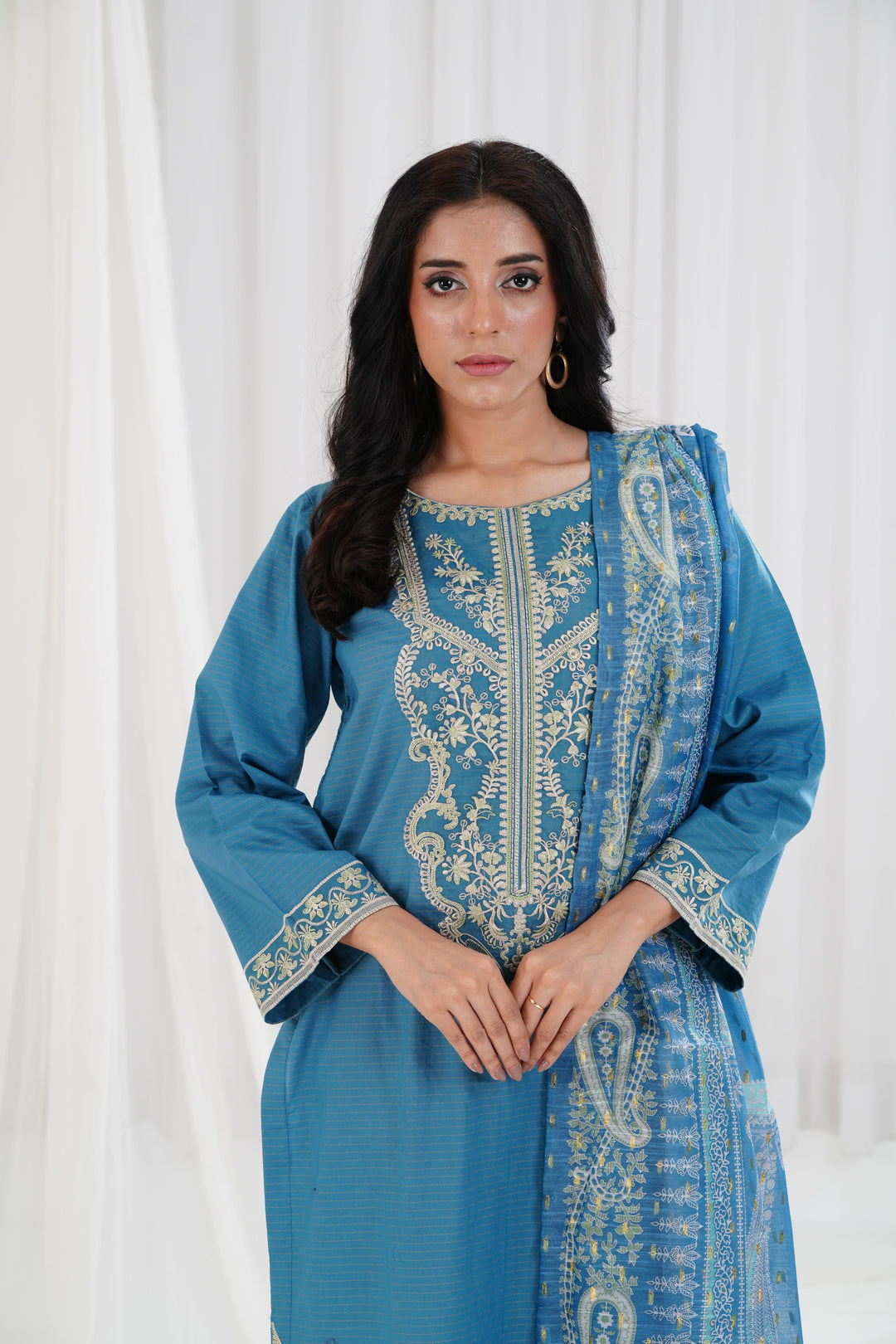 Embroidered Solid Nisha Satin Teal Stitched Suit - Nishat