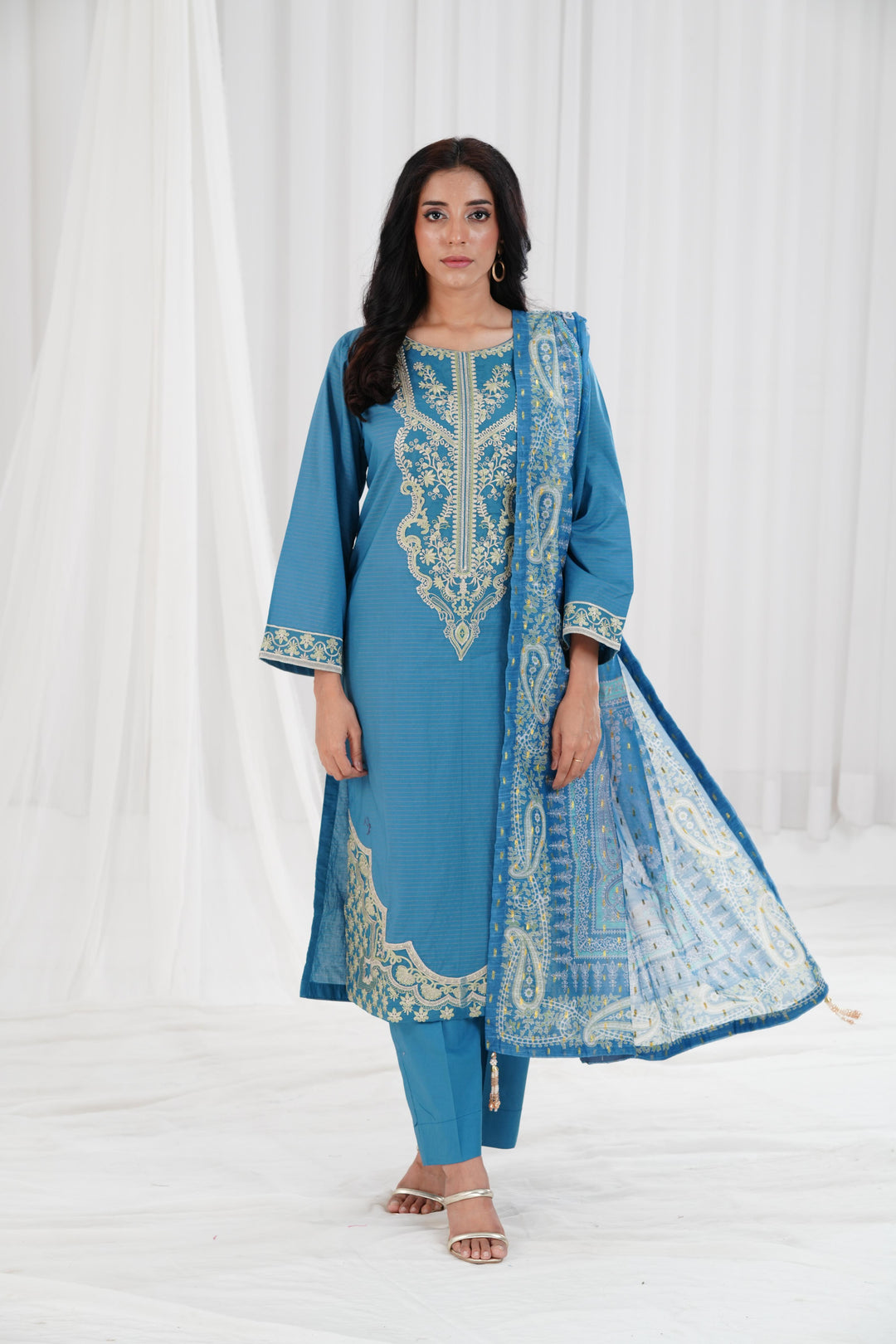 Embroidered Solid Nisha Satin Teal Stitched Suit - Nishat