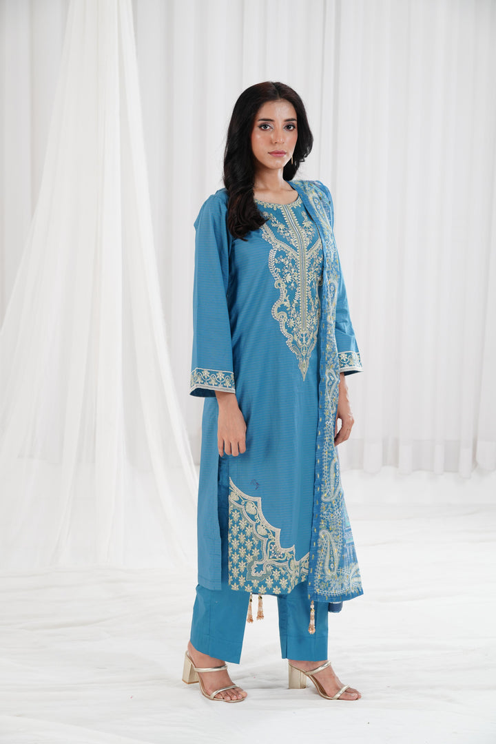 Embroidered Solid Nisha Satin Teal Stitched Suit - Nishat