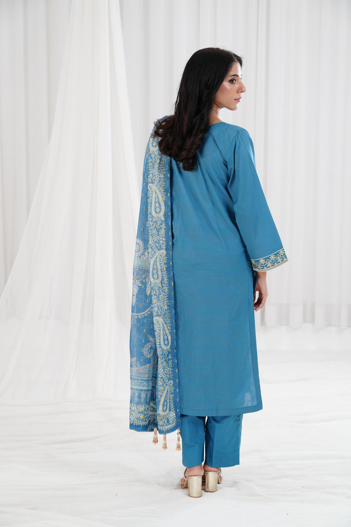 Embroidered Solid Nisha Satin Teal Stitched Suit - Nishat