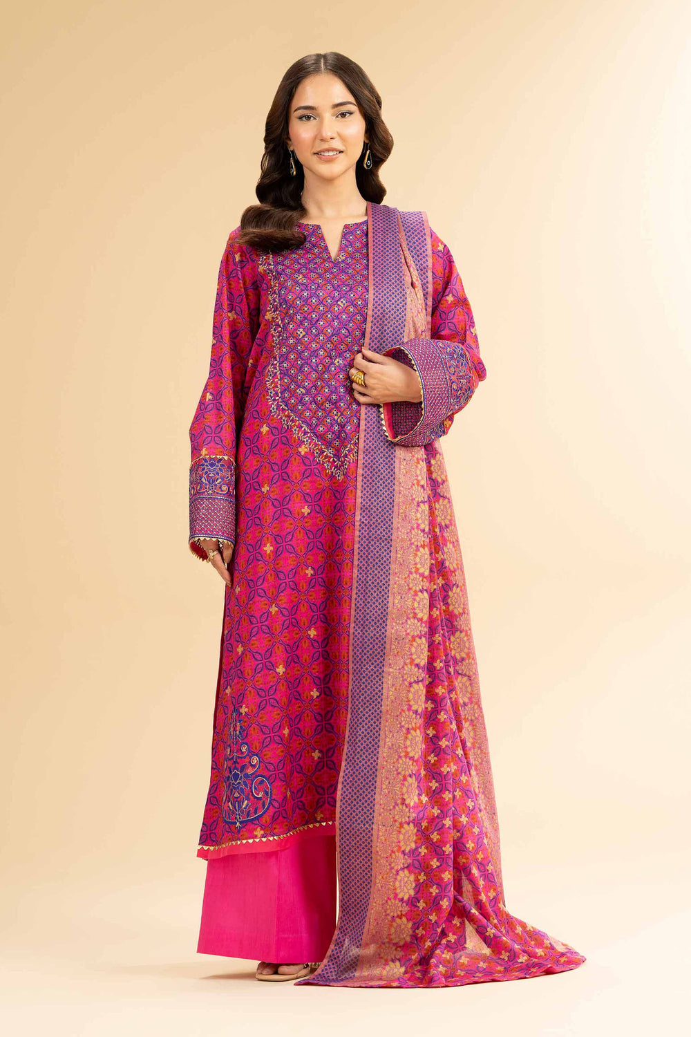 Gold Printed Embroidered Pink Stitched Suit - Nishat
