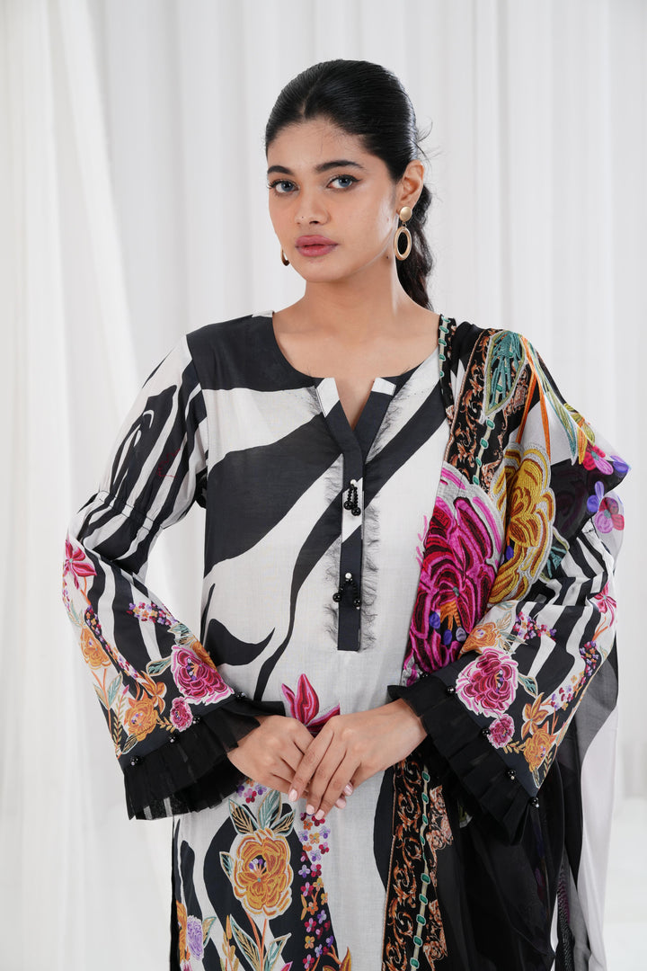 Digital Printed Embroidered Black Stitched Suit - Nishat