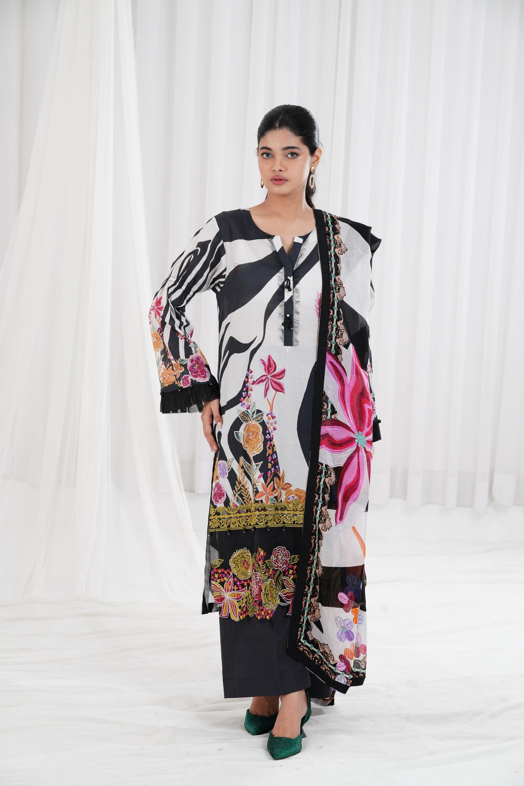 Digital Printed Embroidered Black Stitched Suit - Nishat