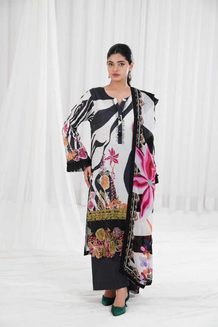 Digital Printed Embroidered Black Stitched Suit - Nishat