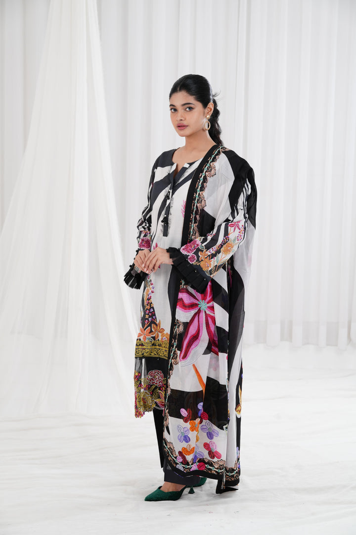 Digital Printed Embroidered Black Stitched Suit - Nishat