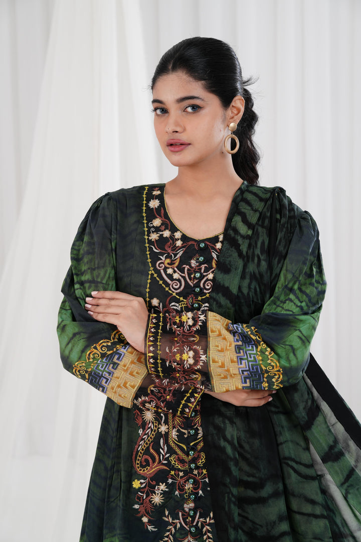 Digital Printed Embroidered Green Stitched Suit - Nishat