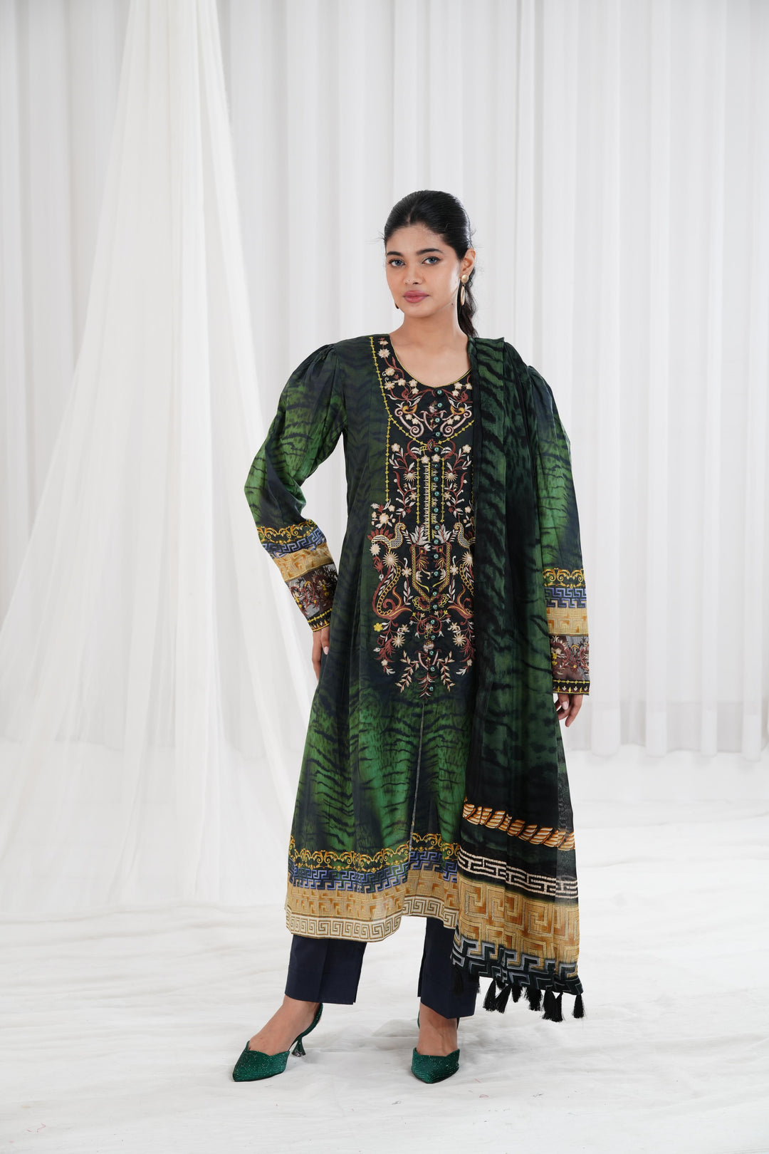 Digital Printed Embroidered Green Stitched Suit - Nishat