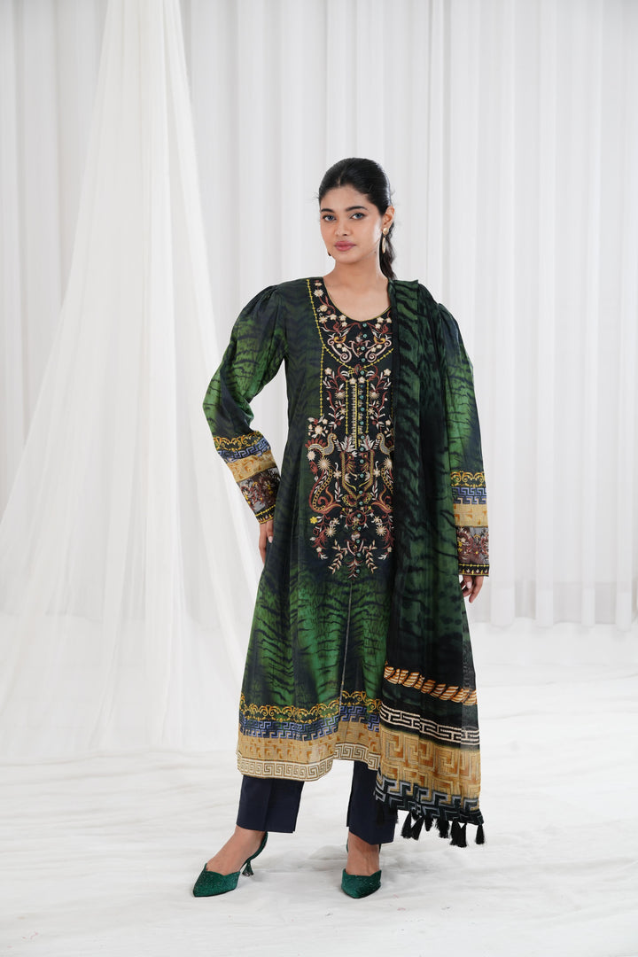 Digital Printed Embroidered Green Stitched Suit - Nishat