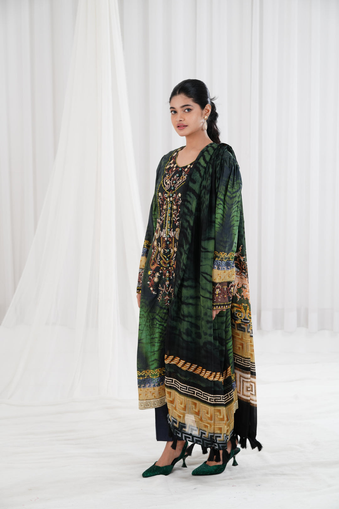 Digital Printed Embroidered Green Stitched Suit - Nishat