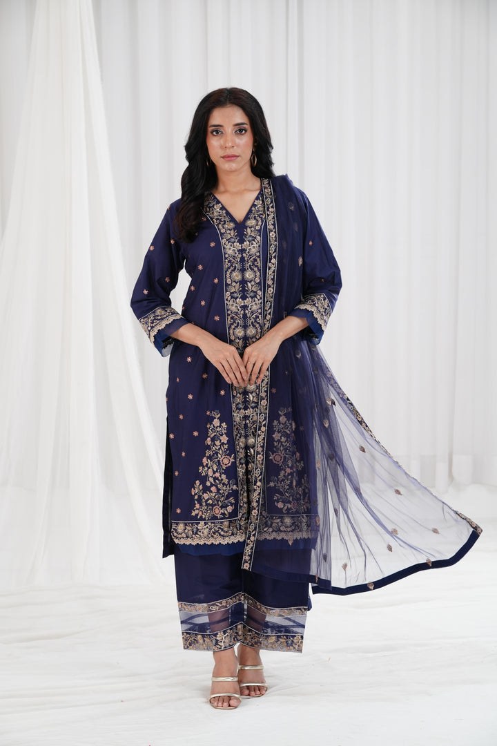 Embroidered Navy Blue Stitched Suit - Nishat
