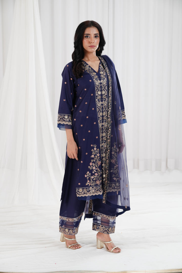 Embroidered Navy Blue Stitched Suit - Nishat