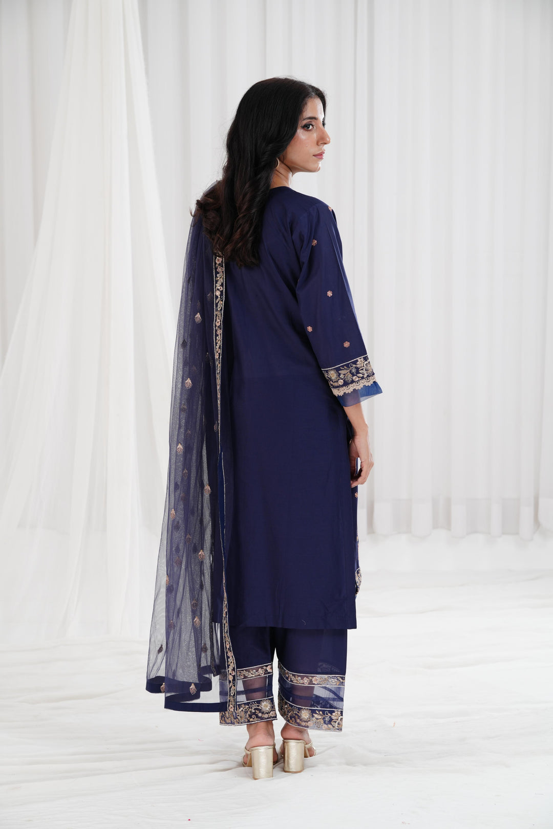 Embroidered Navy Blue Stitched Suit - Nishat