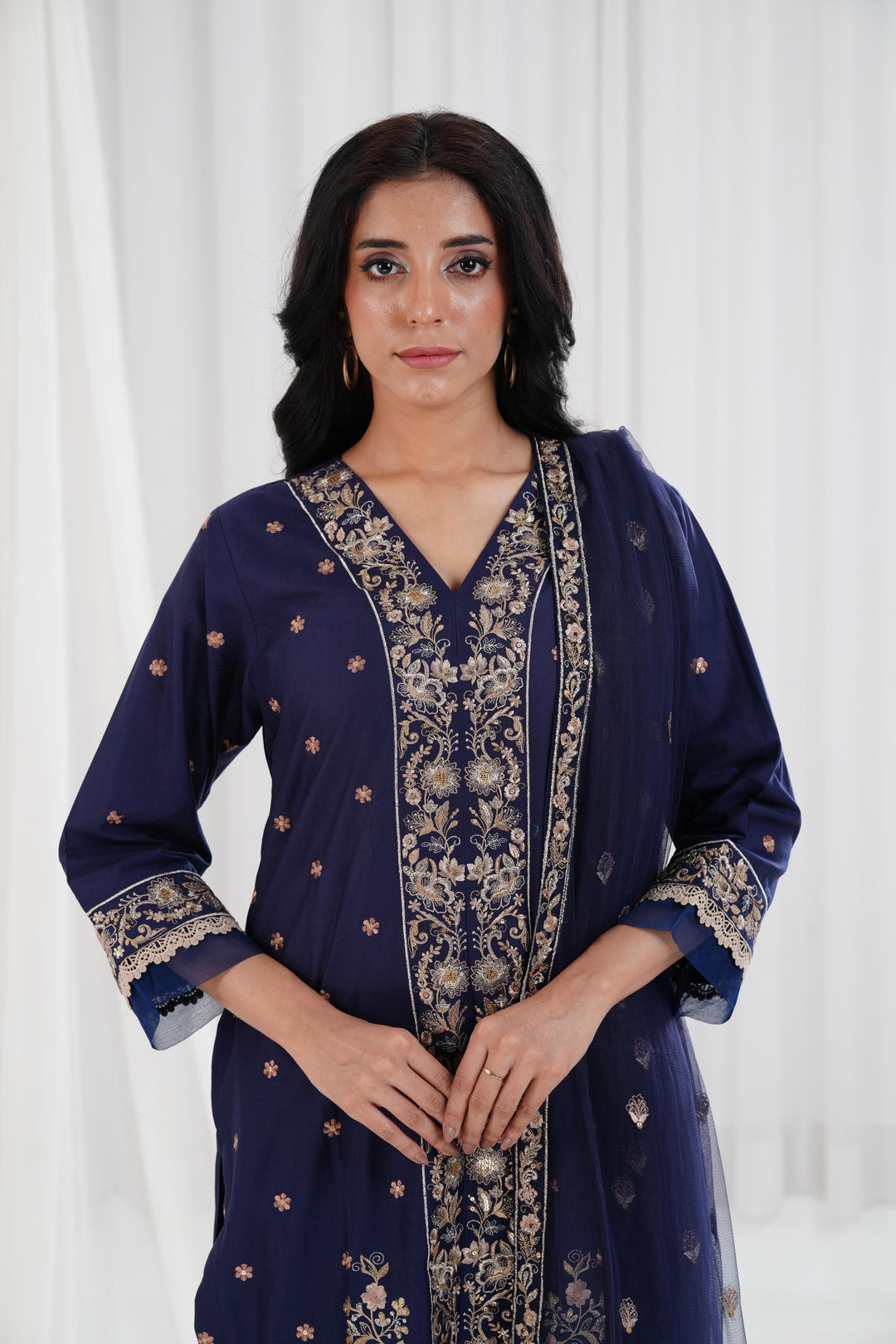 Embroidered Navy Blue Stitched Suit - Nishat