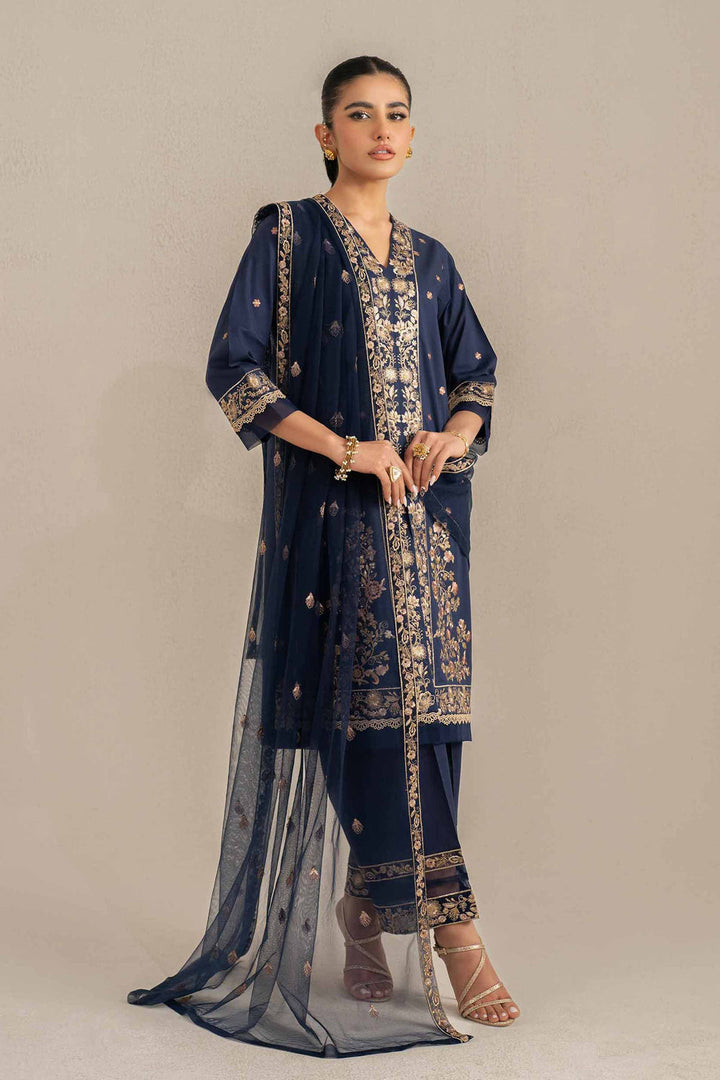 Embroidered Navy Blue Stitched Suit - Nishat